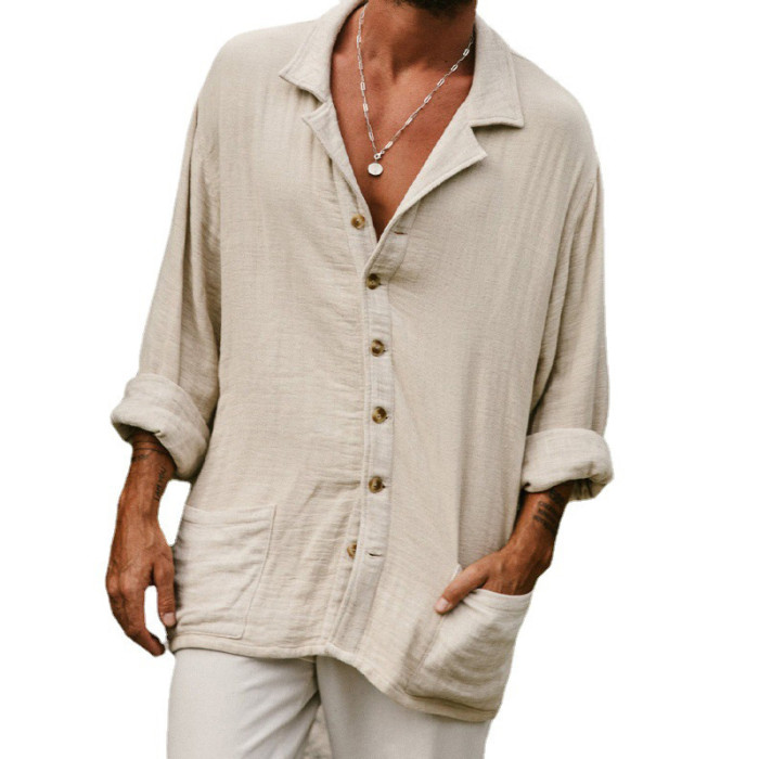 Casual Loose Solid Color Men's Shirts Leisure Turndown Collar Button Tops Fashion Shirt