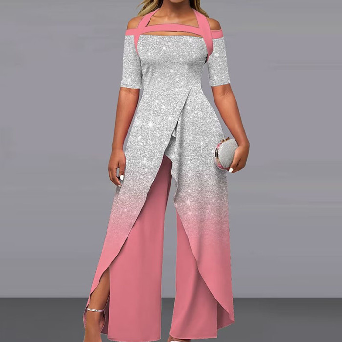 Elegant Pattern Print Chic Backless Lace-up Irregular Fashion Jumpsuits