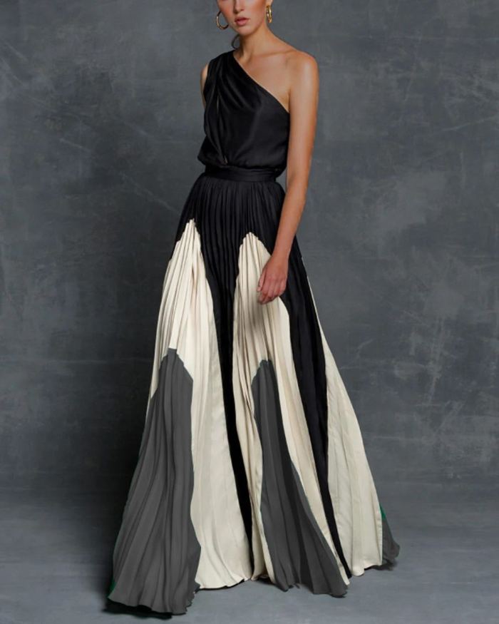 Printed Elegant Chic A-line Pleated Party Dress Summer One-Shoulder Prom Evening Maxi Dresses