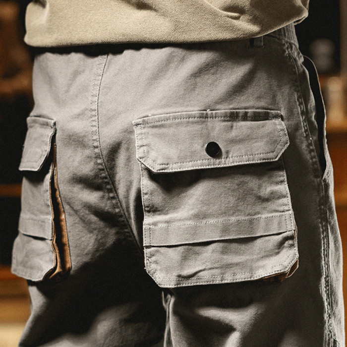 Vintage Patches Pocket Design Cargo Pants Men Fashion Slim Straight Patchwork Contrast Color Long Pant
