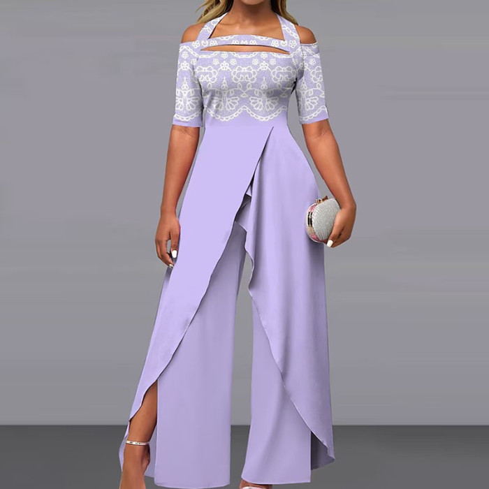 Elegant Pattern Print Chic Backless Lace-up Irregular Fashion Jumpsuits
