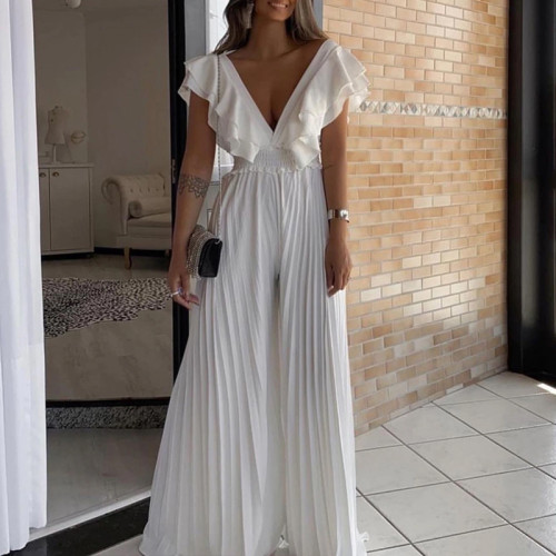 Elegant Fashion  High Waist Pleat Pant Overall Female Solid Deep V-Neck Commuting Jumpsuits