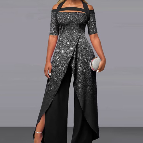 Elegant Pattern Print Chic Backless Lace-up Irregular Fashion Jumpsuits