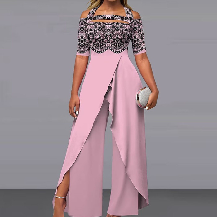 Elegant Pattern Print Chic Backless Lace-up Irregular Fashion Jumpsuits