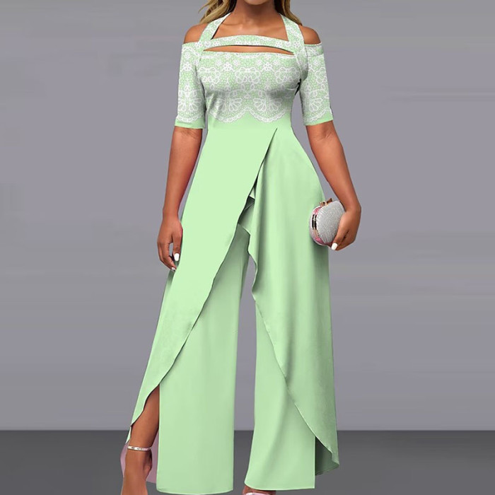 Elegant Pattern Print Chic Backless Lace-up Irregular Fashion Jumpsuits