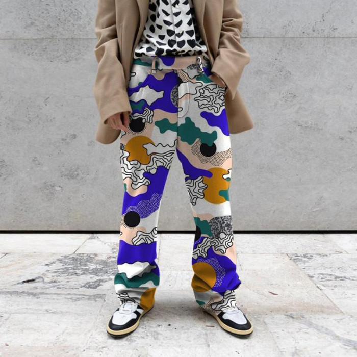 Men's Graphic Print Fashion Zipper Mid-Rise Straight Casual Retro Loose Pants