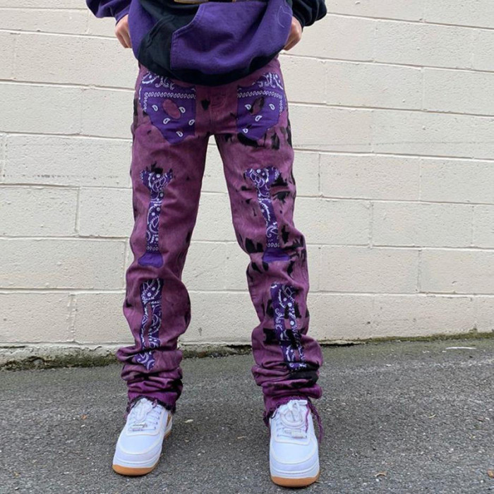 Men's Graphic Print Fashion Zipper Mid-Rise Straight Casual Retro Loose Pants