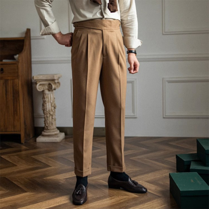 Casual Solid Color Trendy Belt High Waist Pants Male Business Office Fashion Pleated Straight Pants