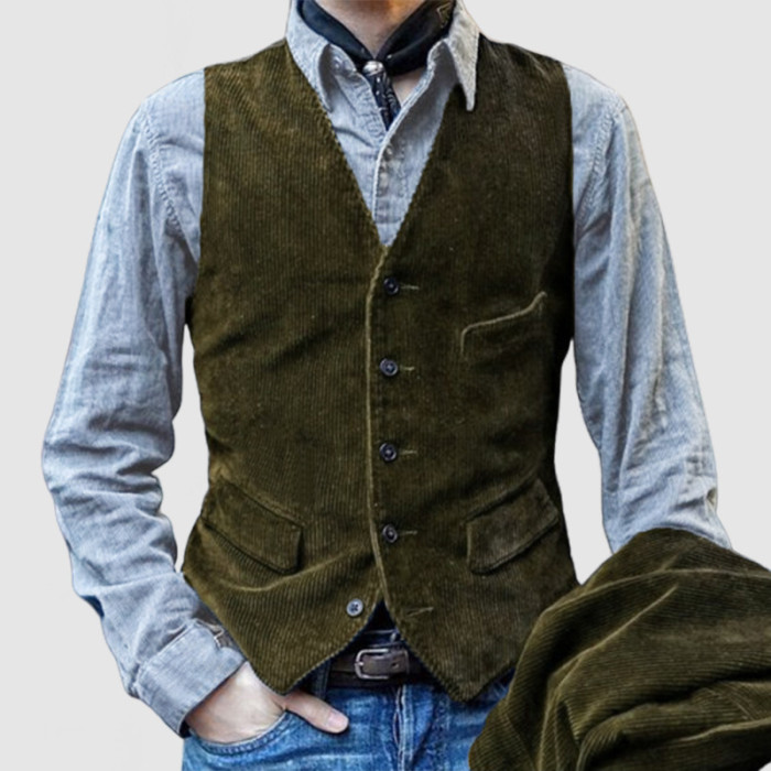 Vintage Corduroy Solid Color Vest Coat Mens Spring Casual Buttoned V Neck Sleeveless Jackets For Men Office Fashion Waistcoats