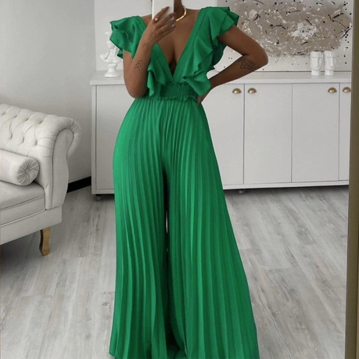 Elegant Fashion  High Waist Pleat Pant Overall Female Solid Deep V-Neck Commuting Jumpsuits