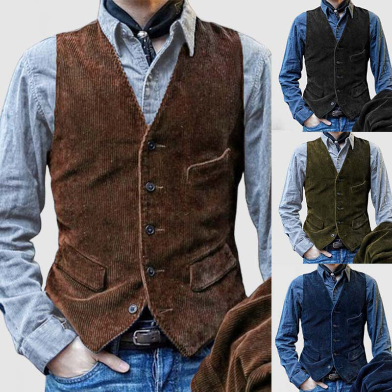 Vintage Corduroy Solid Color Vest Coat Mens Spring Casual Buttoned V Neck Sleeveless Jackets For Men Office Fashion Waistcoats