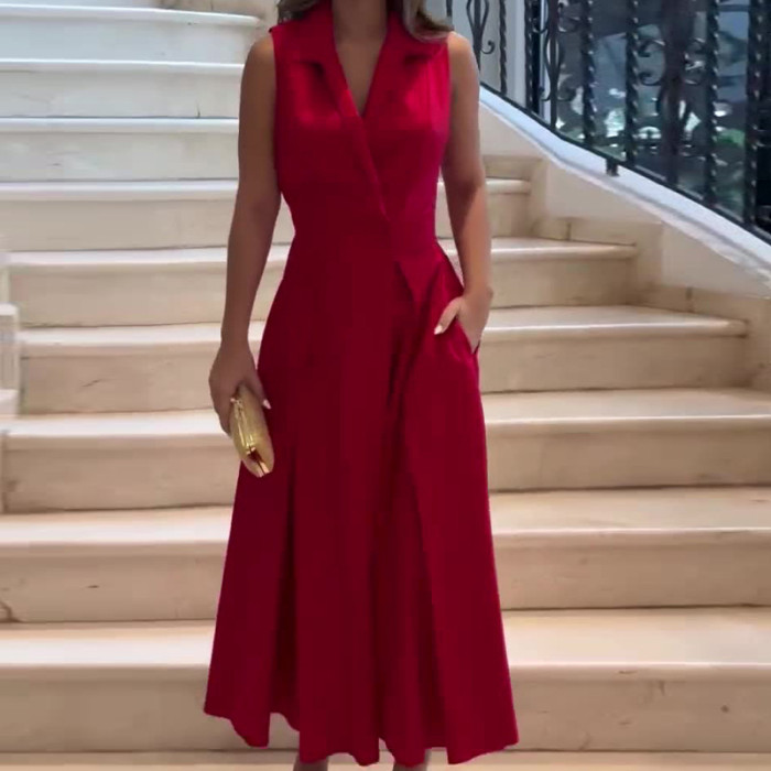 Stylish Sleeveless Solid Pleated Pockets High Waist Elegant Party Office Lapel V Neck A-Line Maxi Dress