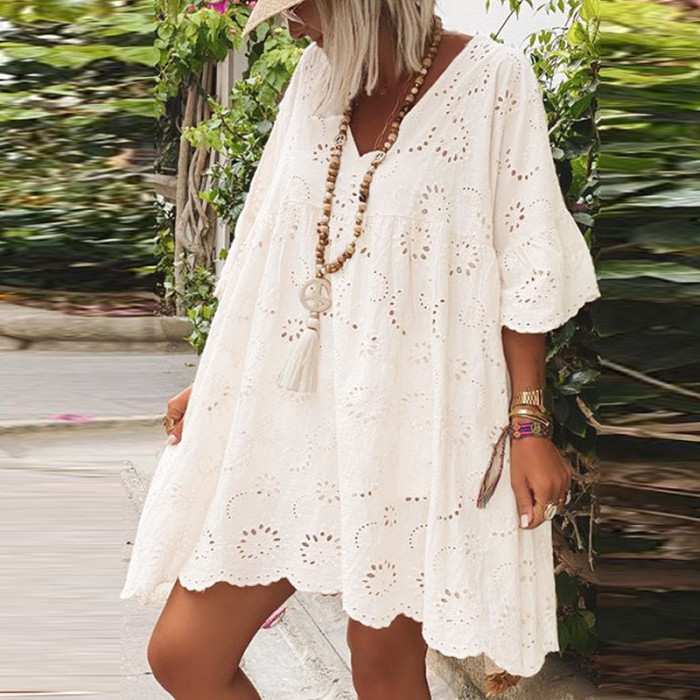 Fashion V Neck Embroidery Hollow Out Party Elegant Temperament Ruffles Solid Color Cotton Loose Dresses