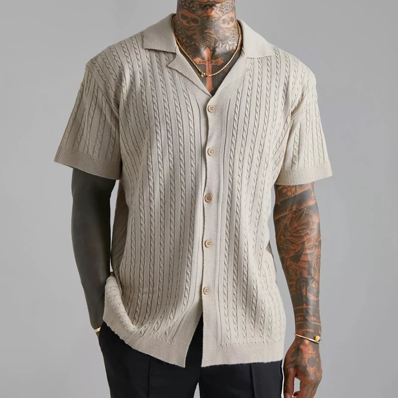 Streetwear Men's Vintage Lapel Button Up Fashion Jacquard Knitted Shirt