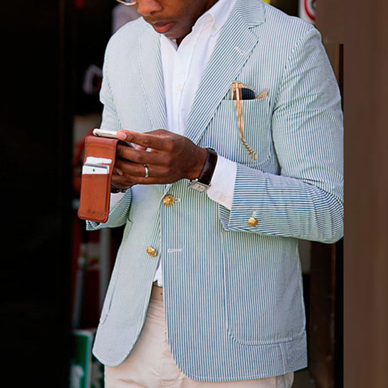 Men's Fashion Suit Collar Business Striped Pocket Casual Slim Jacket Suit