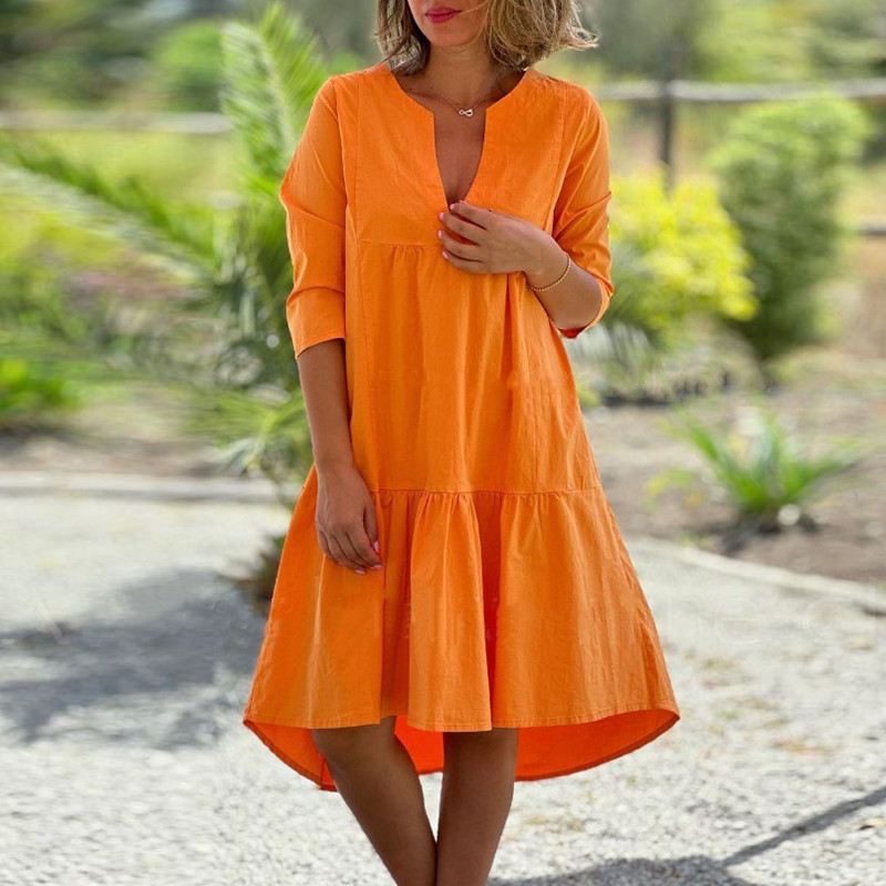 Casual Solid Color Pleated Fashion V Neck High Street Pullover Loose Cotton Linen Big Hem Irregular Dress