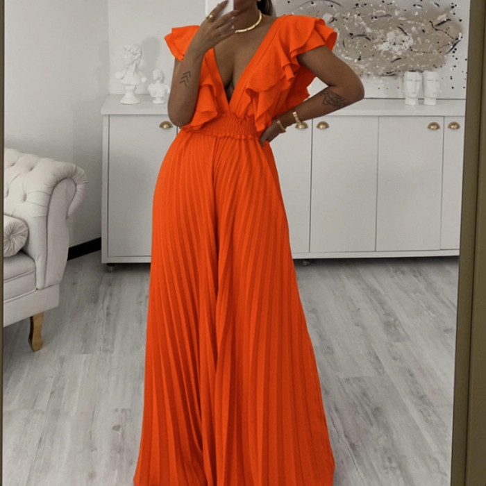 Elegant Fashion  High Waist Pleat Pant Overall Female Solid Deep V-Neck Commuting Jumpsuits