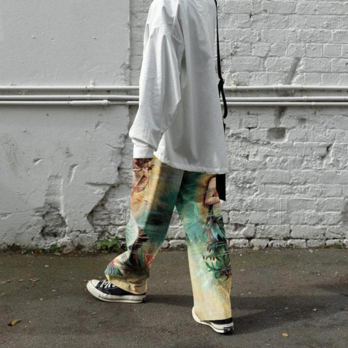 Men's Graphic Print Fashion Zipper Mid-Rise Straight Casual Retro Loose Pants