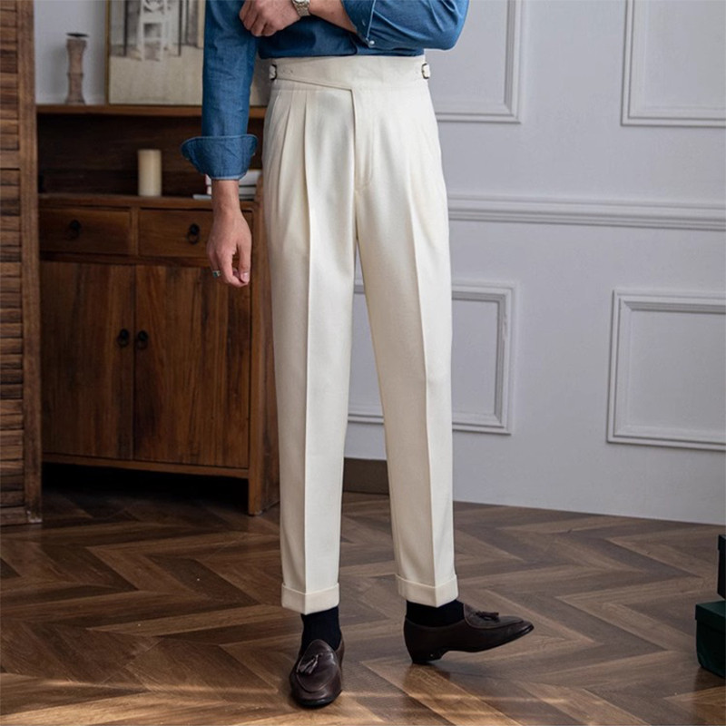 Casual Solid Color Trendy Belt High Waist Pants Male Business Office Fashion Pleated Straight Pants