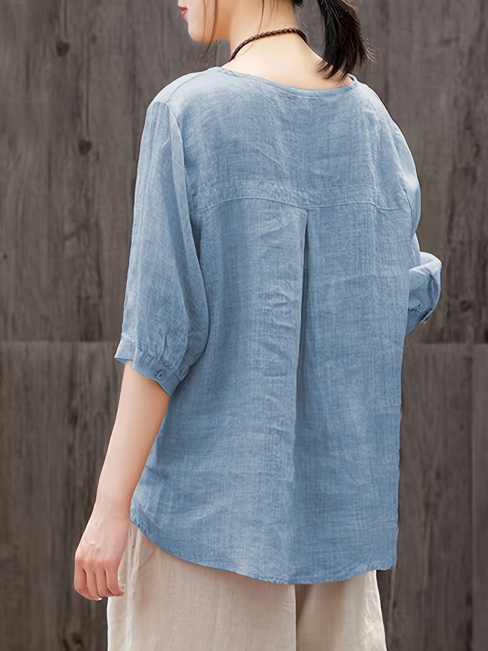 Floral Embroidery V Neck T-shirt, Vintage Half Sleeve Solid Loose Casual T-shirt, Women's Clothing