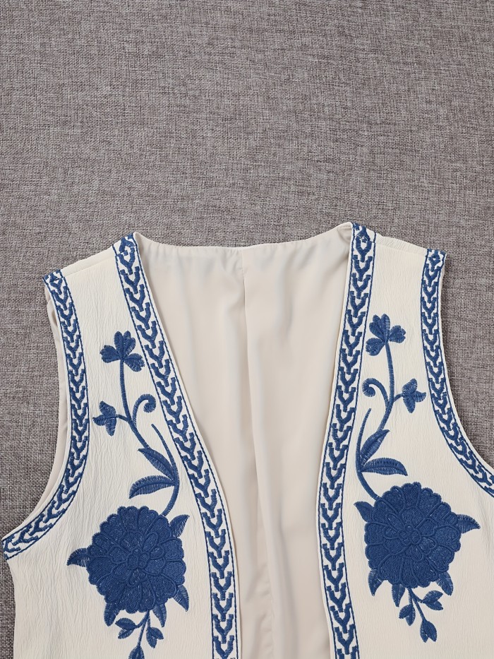 Floral Embroidered Open Front Vest, Vintage Sleeveless Loose Outwear For Spring & Fall, Women's Clothing