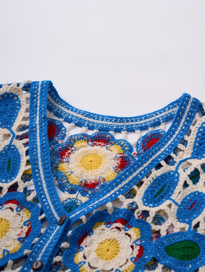 Color Block Button Front Cardigans Top, Vintage V Neck Geometric Pattern Embroidered Sleeveless Crop Vest For Every Day, Women's Clothing