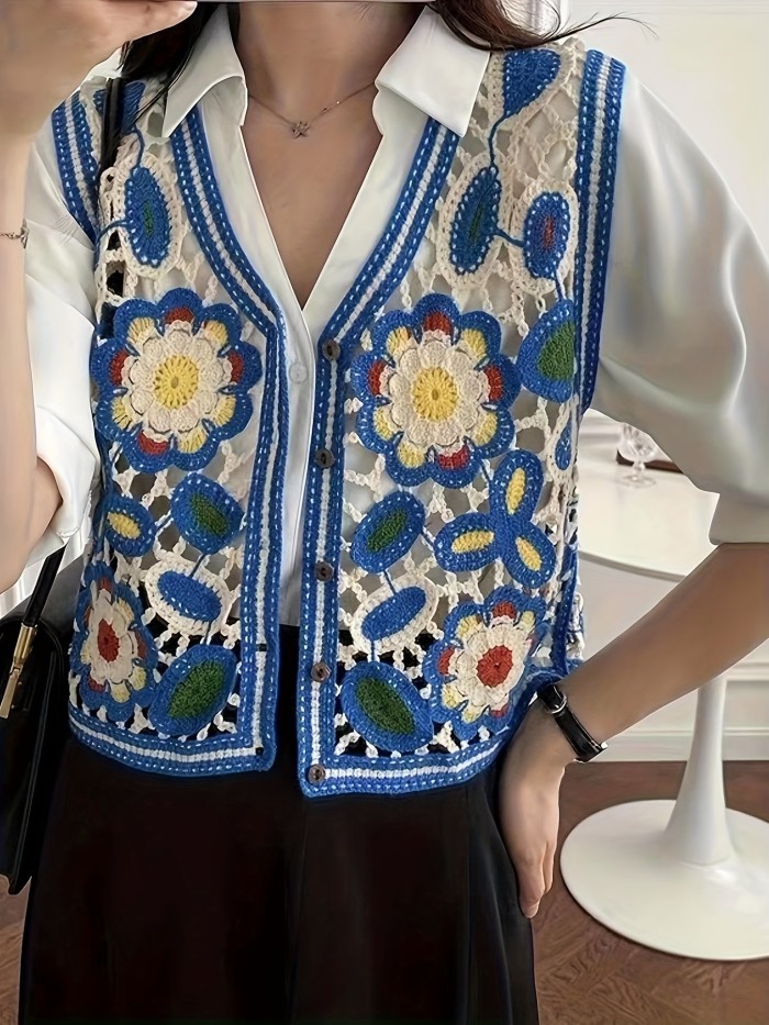 Color Block Button Front Cardigans Top, Vintage V Neck Geometric Pattern Embroidered Sleeveless Crop Vest For Every Day, Women's Clothing
