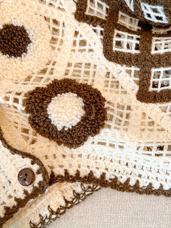 Button Front Floral Embroidered Vest, Vacation Sleeveless Knit Crochet Vest For Spring & Summer, Women's Clothing