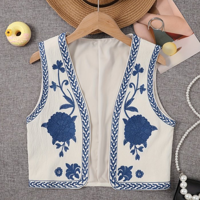 Floral Embroidered Open Front Vest, Vintage Sleeveless Loose Outwear For Spring & Fall, Women's Clothing