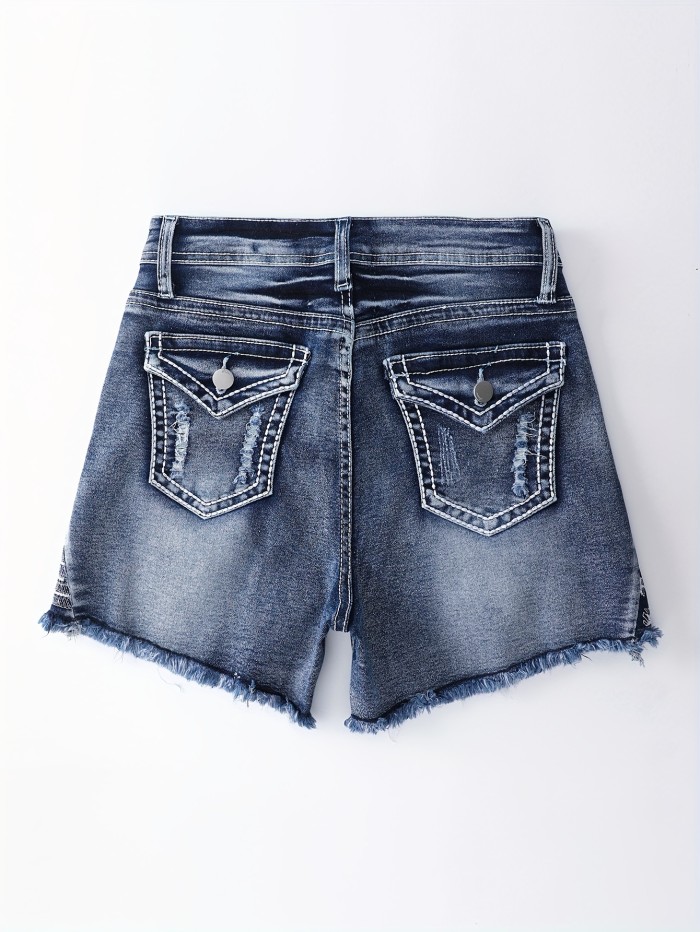 American Flag Embroidery Ripped Denim Shorts, Distressed Whiskering Raw Hem Retro Style Independence Day 4th Of July Denim Shorts, Women's Denim Jeans & Clothing