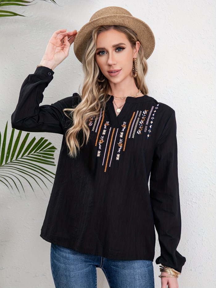 Embroidery Ethnic Style V-neck Shirt, Casual Long Sleeve Spring & Autumn Shirts Tops, Women's Clothing