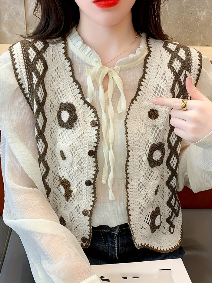 Button Front Floral Embroidered Vest, Vacation Sleeveless Knit Crochet Vest For Spring & Summer, Women's Clothing