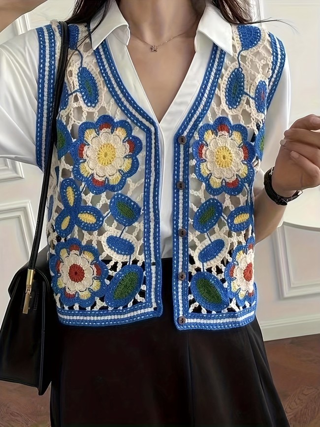 Color Block Button Front Cardigans Top, Vintage V Neck Geometric Pattern Embroidered Sleeveless Crop Vest For Every Day, Women's Clothing