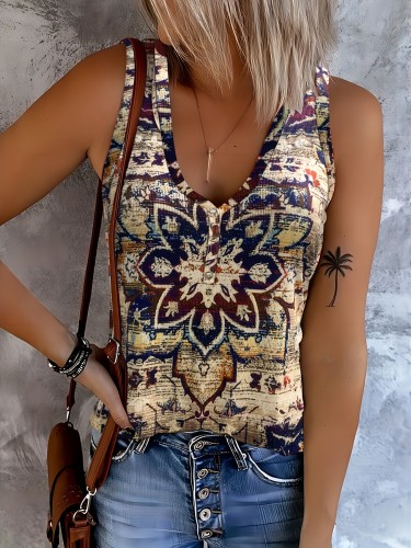 Ethnic Floral Print Tank Top, Vintage Button Front Summer Sleeveless Top, Women's Clothing