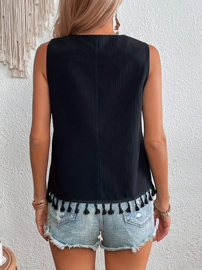 Wear a summer ethnic V-neck embroidered panel hem hairy vest top