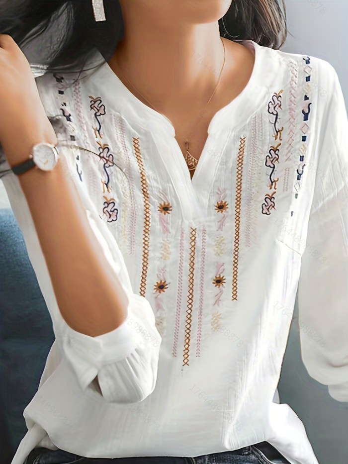Embroidery Ethnic Style V-neck Shirt, Casual Long Sleeve Spring & Autumn Shirts Tops, Women's Clothing