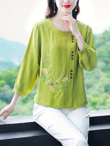 Floral Embroidered Button Decor Blouse, Vintage Crew Neck Loose Blouse For Spring & Fall, Women's Clothing