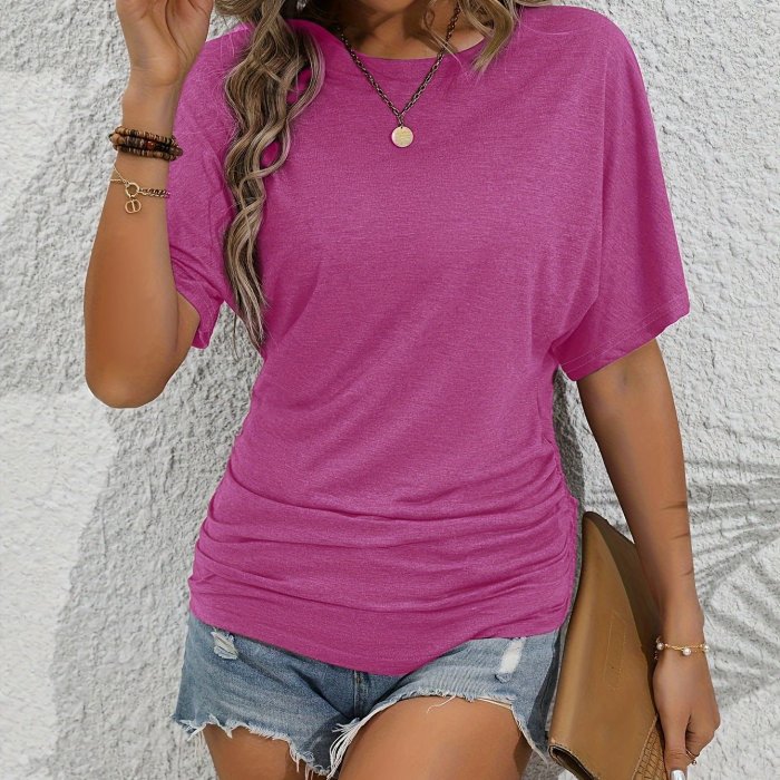Solid Crew Neck T-shirt, Elegant Short Sleeve Ruched Top For Spring & Summer, Women's Clothing