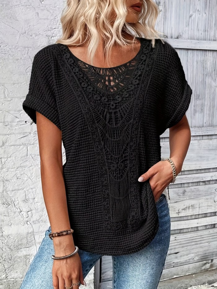 Lace Splicing Crew Neck T-shirt, Casual Short Sleeve Top For Spring & Summer, Women's Clothing