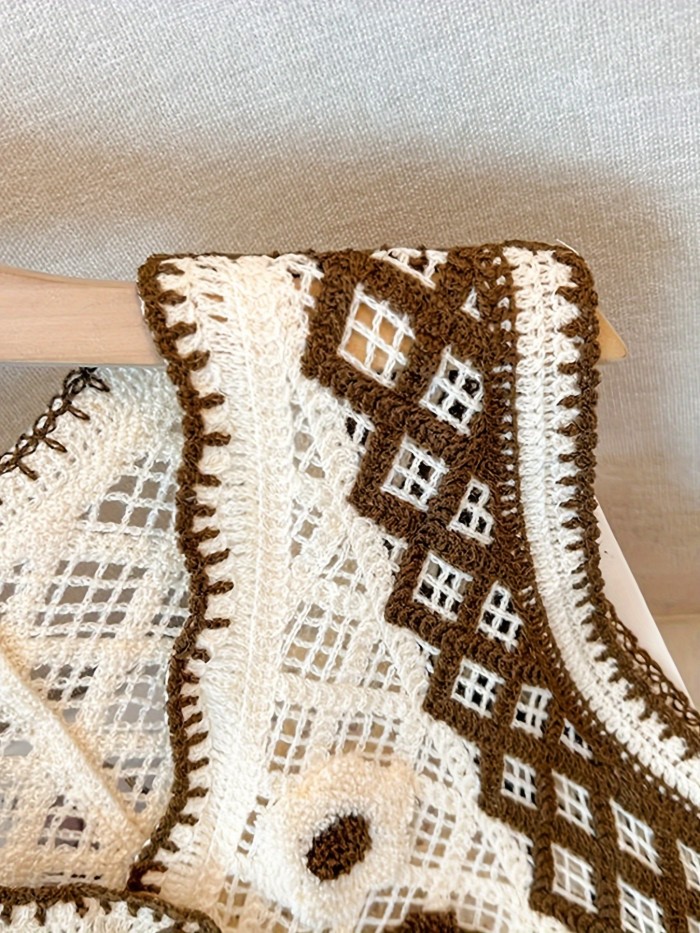 Button Front Floral Embroidered Vest, Vacation Sleeveless Knit Crochet Vest For Spring & Summer, Women's Clothing