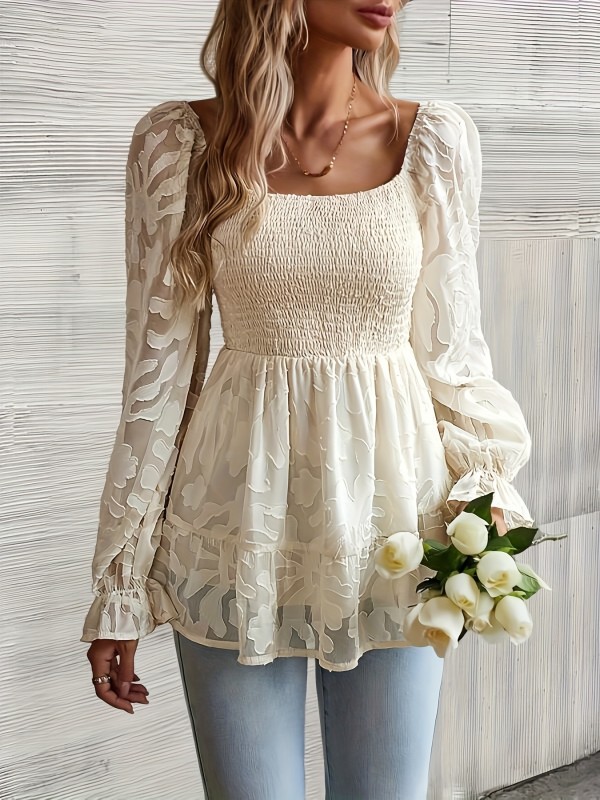 Floral Embroidered Ruffle Hem Blouse, Elegant Shirred Long Puff Sleeve Blouse For Spring & Summer, Women's Clothing