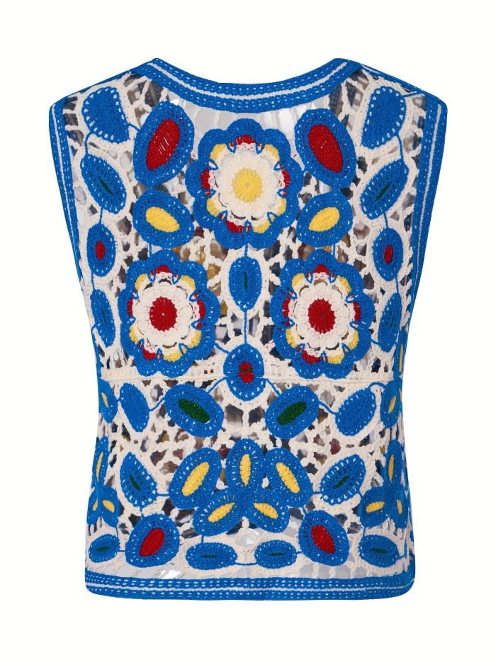 Color Block Button Front Cardigans Top, Vintage V Neck Geometric Pattern Embroidered Sleeveless Crop Vest For Every Day, Women's Clothing