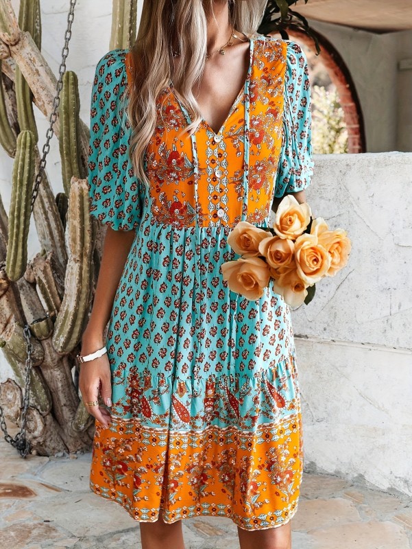 Ethnic Floral Print Lace Up Dress, Vacation Style Short Sleeve Loose Fit Dress For Spring & Summer, Women's Clothing