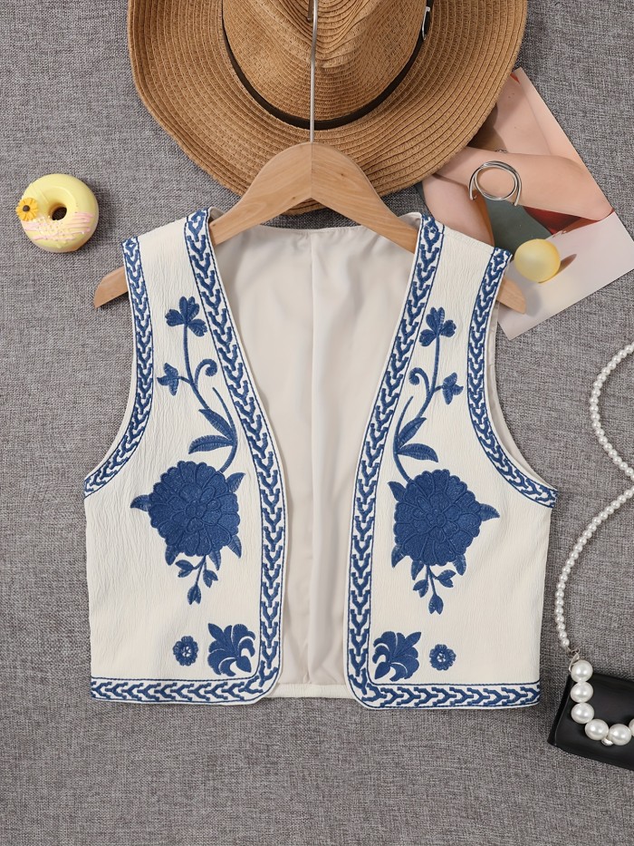 Floral Embroidered Open Front Vest, Vintage Sleeveless Loose Outwear For Spring & Fall, Women's Clothing