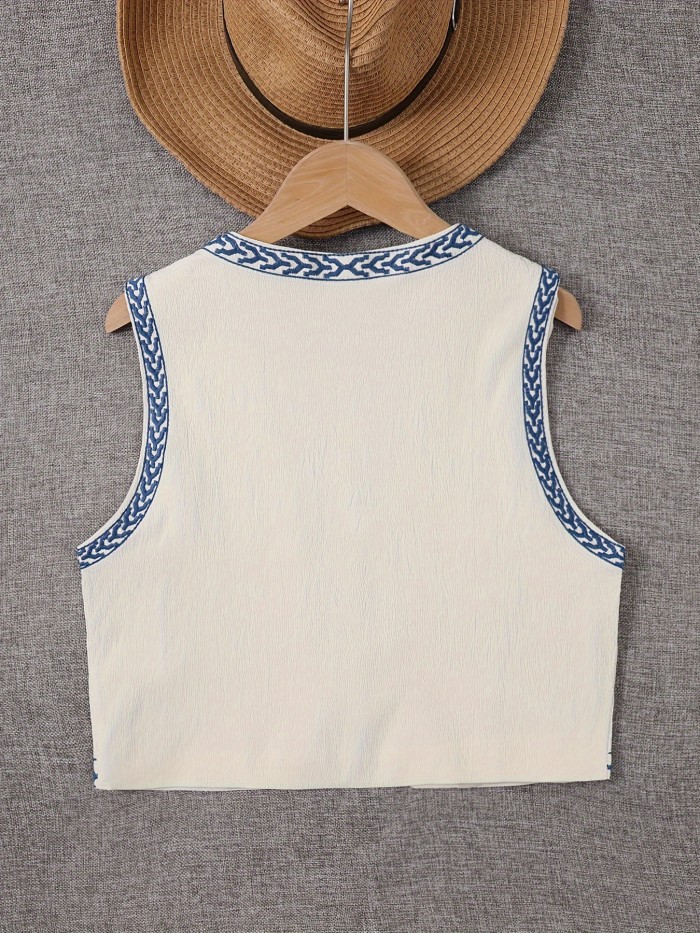 Floral Embroidered Open Front Vest, Vintage Sleeveless Loose Outwear For Spring & Fall, Women's Clothing