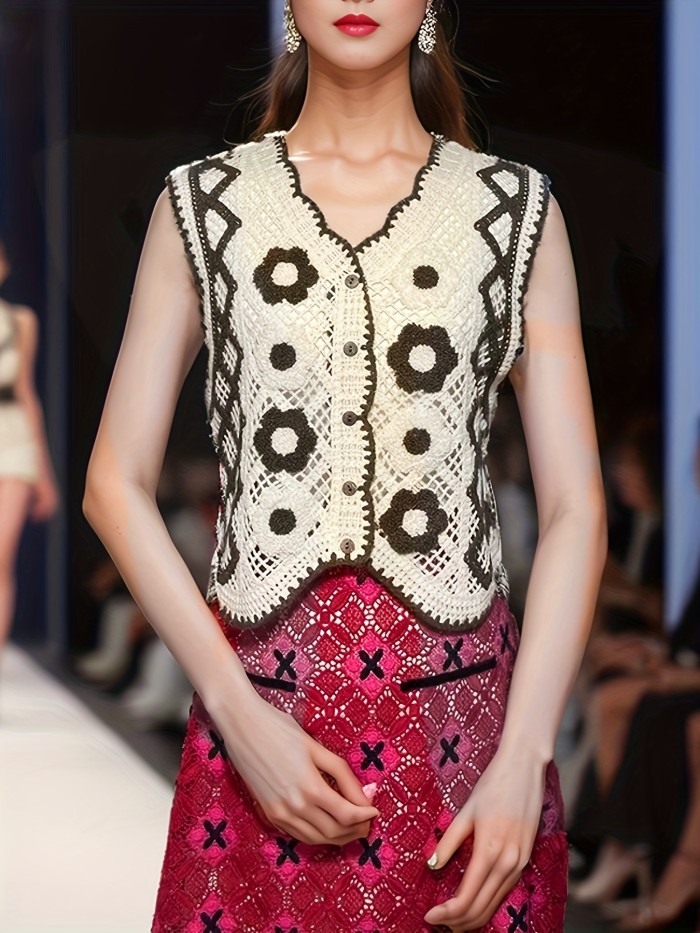 Button Front Floral Embroidered Vest, Vacation Sleeveless Knit Crochet Vest For Spring & Summer, Women's Clothing