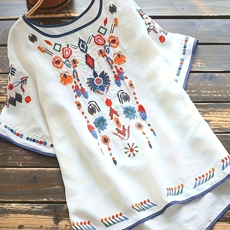 Plus Size Embroidered High Low Hem Blouse, Boho Half Sleeve Blouse For Spring & Summer, Women's Plus Size Clothing