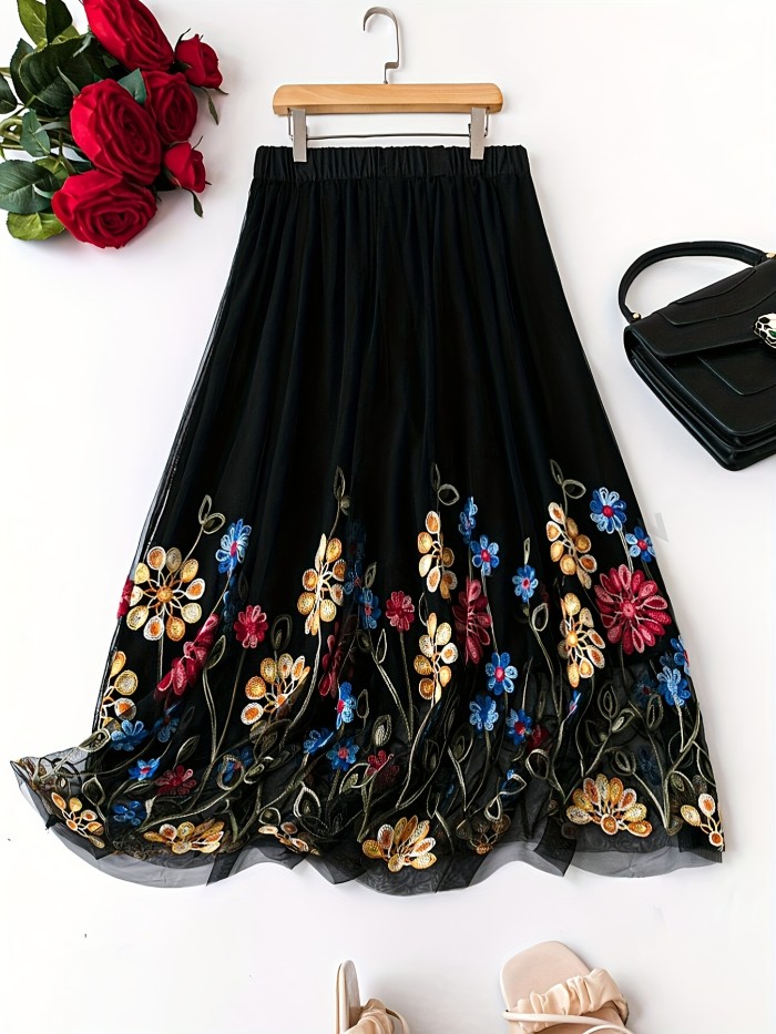 Floral Embroidered Mesh Skirt, Elegant High Waist A-line Skirt For Spring & Summer, Women's Clothing