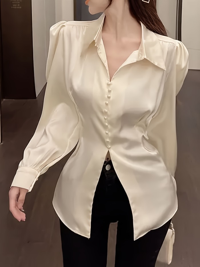 Solid Color Split Button Front Shirt, Elegant Long Sleeve Shirt For Spring & Summer, Women's Clothing