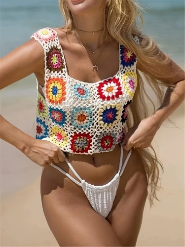 Geometrical Pattern Square Neck Tank Top, Vacation Sleeveless Backless Tank Top For Summer, Women's Clothing